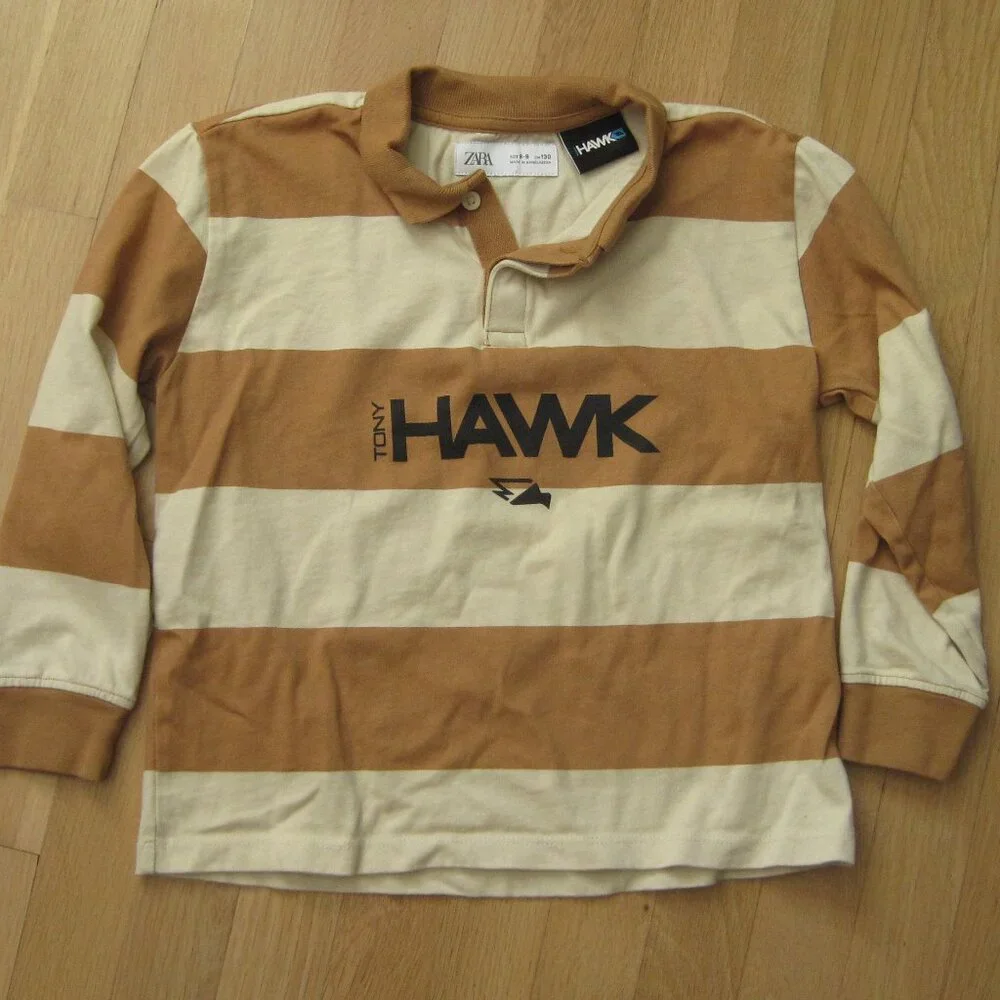 Zara Boys Tony Hawk Long Sleeve Polo Shirt Size 8-9 Brown Tan Stripe 100% Cotton